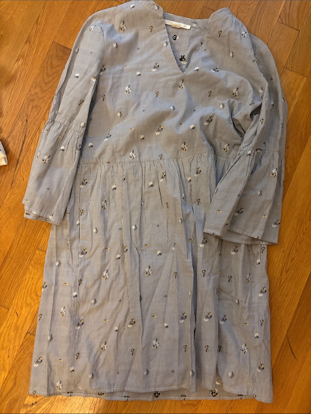 cooper & ella Blue Striped Floral Embroidered Long Sleeve Midi Dress